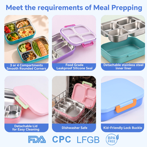Kids Stainless Steel <b>Lunch</b> <b>Box</b> 4 Compartments Leak Proof Bpa Free PP Removable Lid Rectangle Design for <b>Children</b> - Product Image 2