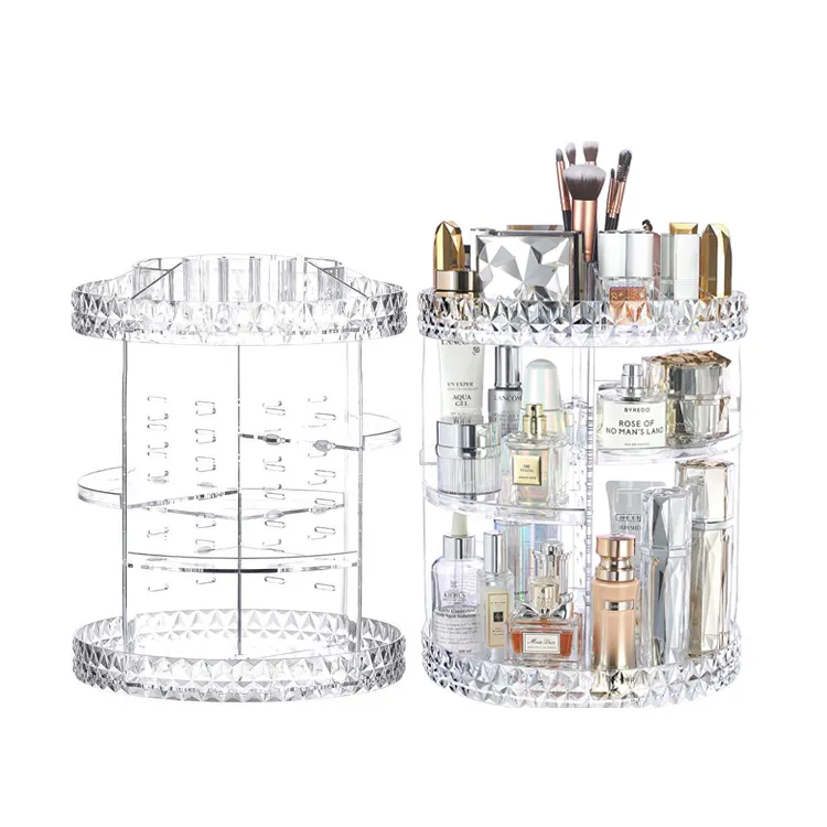 Acrylic Clear Cylindrical 360 Rotating Makeup Organizer,Adjustable Cosmetic Storage Display Case, Large Capacity Cosmetic Shelf