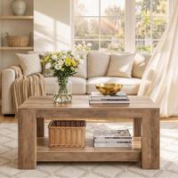 Table basse de style farmhouse, table à thé à 2 niveaux, table centrale en bois, charme rustique, lignes épurées, meubles de salon, petite table d'appoint