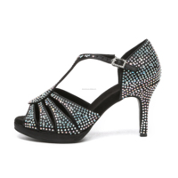 Chaussures de danse latine en satin noir LUOQIAO D035 pour femmes, plateforme épaisse, strass, talon haut fin, pour la performance et les soirées