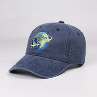 Casquette de baseball unisexe 5 panneaux en coton délavé et vieilli, brodée avec motif globe, visière incurvée, style décontracté à motif dessin animé