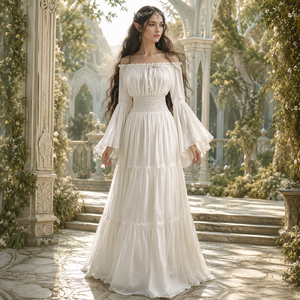 Accessoires de costumes médiévaux, costumes de films, robe longue à manches cloche, taille smockée et à volants pour femmes, pour Halloween, cosplay, LARP - Product Image 2