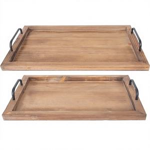 Juego de Bandejas de Madera Rústicas Vintage de Lumina, Ecológicas, con Acabado Quemado, 2 Bandejas Encajables con Asas de Metal, Decoración Estilo Granja - Product Image 4