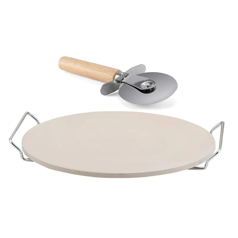 Durable and Safe Pizza Peel Set 13 Inch Round Pizza Stone For Oven with Serving Rack & Cutter Pizza Stone Set