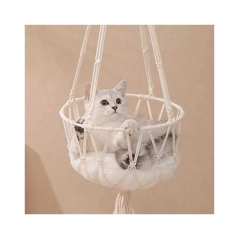بيع بالجملة حبل قطني منسوج يدويًا متين سلة قطة معلقة مقاوم للرطوبة تنفس القط مكرمية أرجوحة