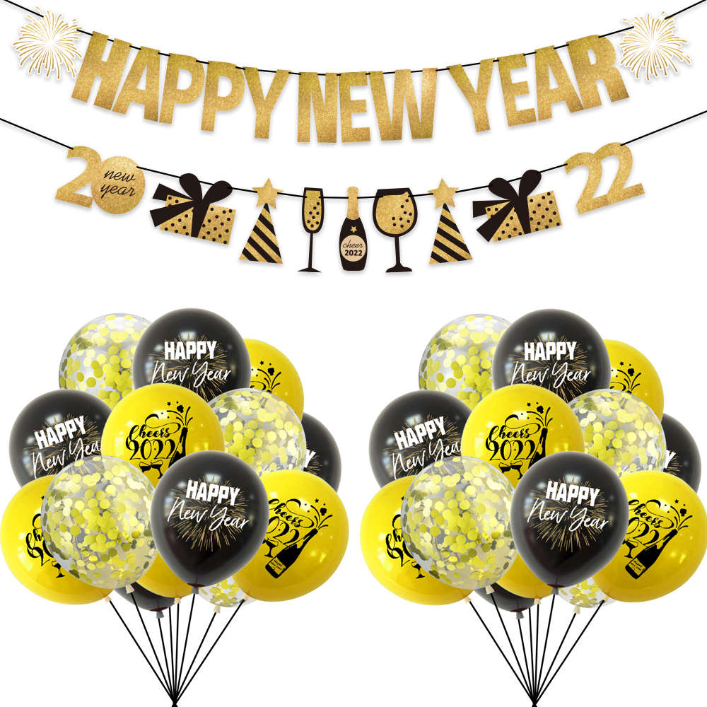 Happy New Year Eve Party Decoration Set gold glitter Banners flags Printed Latex Balloons 2022New Year Party Supplies