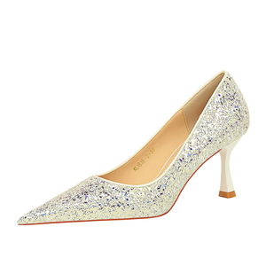 1818-3 BIGTREE Zapatos de Tacón Alto de Moda Coreana para Banquete, Tacón Metálico, Tacón Alto, Punta Puntiaguda, Tela Brillante con Lentejuelas, Modelo Individual - Product Image 4