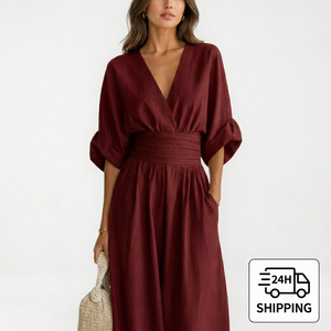 Vestido Maxi Borgoña con Cuello en V, Sin Mangas, Cintura Natural, Corte Holgado, Largo Completo, de Crepé, para Mujer, Primavera, Color Sólido, Algodón Transpirable - Product Image 1