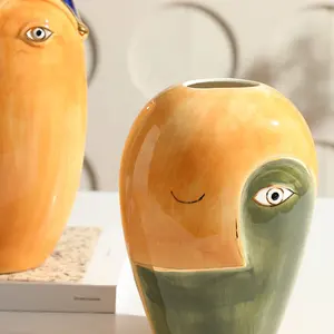 Flolenco vas bunga wajah manusia abstrak, vas keramik dekorasi rumah mewah kerajinan seni ornamen meja