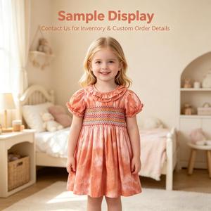 Robe smockée en coton teint à la plante <span class=keywords><strong>pour</strong></span> enfants, avec col à volants et manches bouffantes, robe décontractée <span class=keywords><strong>pour</strong></span> fillette - Product Image 2