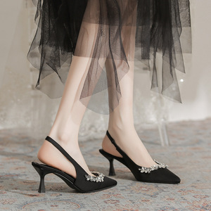 Zapatos de Tacón Alto Negros de Satén con Tira Trasera, Punta Puntiaguda, Tacón de Aguja, Decorados con Pedrería, Zapatos de Tacón Alto a la Moda - Product Image 4