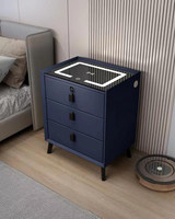 Table de Chevet Intelligente et Moderne pour Chambre à Coucher, Trois Tiroirs, Chargeur Sans Fil, Lumière LED, Verre Trempé, Rembourrée, pour la Maison