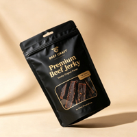 Sachet refermable personnalisé noir et or mat de qualité alimentaire avec fenêtre pour bœuf séché et snacks