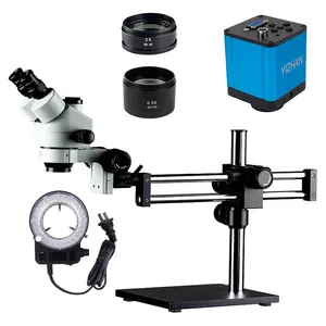 Venta al por mayor 0,5 lente de microscopio-Iluminación de Control de enfoque soporte de brazo doble 3,5-90X microscopio estéreo Trinocular 0,5 2.0X lente Barlow iluminación LED simultánea