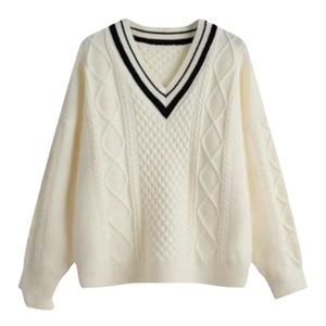 Suéter de punto trenzado con cuello en V para mujer, de algodón blanco, antipilling, corte holgado, estilo retro, para primavera - Product Image 1