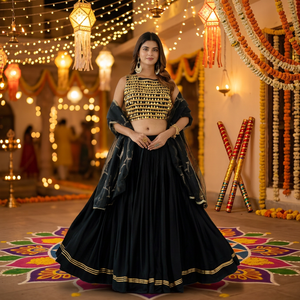 Black Gold Embroidered Polyester Quick Dry All Seasons Navratri Lehenga Set Sleeveless Crop <b>Top</b> Pleated Skirt <b>Net</b> Dupatta - Product Image 1