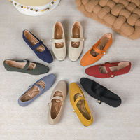 Sepatu Wanita Rajut Model Mary Jane, Ujung Runcing, Sepatu Balet, Kancing Mutiara, Tali Gesper, Bernapas, Penyangga Lengkung Kaki, Sol Karet