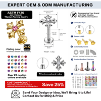 Piercing Labret à tige plate en Titane G23 ASTM F136, motif Fleur-de-lis orné, avec croix et Zircon Cubique rond, sans filetage, pour cartilage, hélix, lèvre