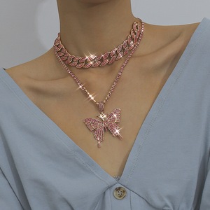 Rosa de cristal helado enlace cubano mariposa collar de las mujeres chapado <span class=keywords><strong>en</strong></span> oro capas <span class=keywords><strong>directo</strong></span> collar de <span class=keywords><strong>la</strong></span> joyería 2020 - Product Image 1