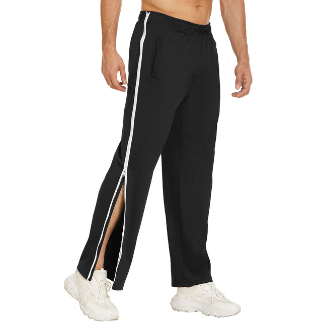 Custom Men's Midweight Breathable Waterproof Workout Sweatpants Double Side Long Zippered Straight Open Button Hem