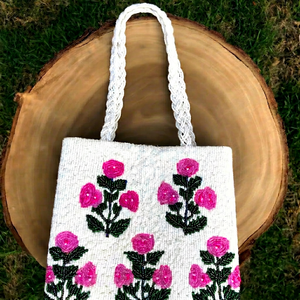Handmade Glass Beaded Flower Style Golf Cart <b>Purse</b> Pink with <b>Green</b> Car and Yellow Bag Design Customized Shape Casual Bag - Product Image 1
