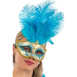 Masque en plastique avec paillettes bleues et dorées, pierres précieuses et plumes - Product Image 1