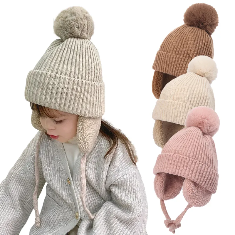Cappello invernale per bebè grande berretto con pompon con paraorecchie fodera in peluche in lana berretto lavorato a maglia per neonato per ragazze ragazzi caldi accessori per bambini 2-6Y