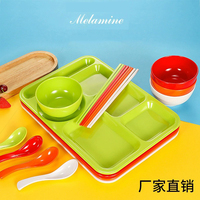 Logo personnalisé en plastique dur incassable rectangulaire plateau de service mélamine 6 compartiments plateau alimentaire assiettes bol ensemble