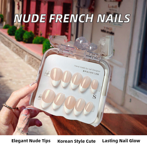 <span class=keywords><strong>Faux</strong></span> <span class=keywords><strong>ongles</strong></span> d'été nude, forme amande française, couvrance totale, avec design mignon style coréen, fait main, pour un effet blanchissant, avec <span class=keywords><strong>colle</strong></span> pour application sur les doigts - Product Image 2