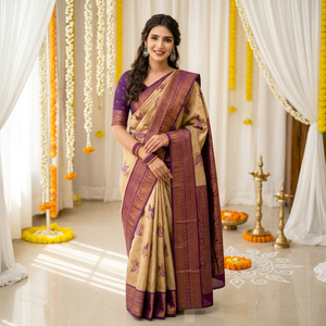Sari de seda morado y beige con estampado de pavo real, ropa tradicional india para bodas, para mujeres - Product Image 1