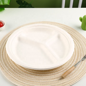 Plato de papel de pulpa de bagazo biodegradable <span class=keywords><strong>Ecopack</strong></span> 3 Compartimentos Bagazo Caña de azúcar Placa redonda 10 pulgadas bagazo tres compartimientos - Product Image 3