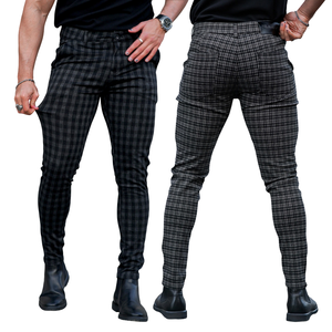 Pantalon Chino Homme Léger à Taille Mi-Haute, Coupe Droite, Boutons Décoratifs, Fermeture Éclair, Motif Écossais, Style Urbain Décontracté et Habillé, Coupe Skinny Slim - Product Image 1