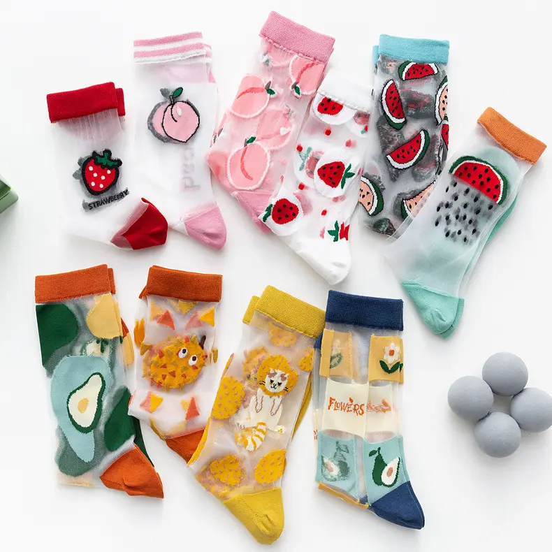 Motif de fruits femmes chaussettes transparentes été Transparent maille fine dentelle élastique Jacquard cristal verre chaussettes