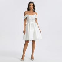 Gaun Pengantin Satin Model Ball Gown Off Shoulder dengan Ruched Bust Corset, Gaun Pengantin Custom Warna Ivory Satin