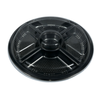 Plateau de service rond noir en PET de qualité alimentaire pour noix et fruits secs, boîte à compartiments, plateau à bonbons en plastique à 5 compartiments avec couvercle transparent
