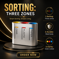 Poubelle de recyclage à 3 compartiments en acier inoxydable, poubelle à déchets séparés commerciale, ouverte, intérieure/extérieure, 126L