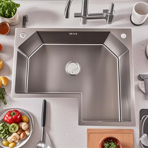 Évier de cuisine d'angle en forme de L fait sur mesure en acier inoxydable 304 à double bac avec service OEM - Product Image 1
