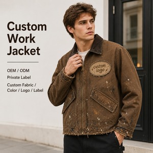 Chaqueta de Trabajo Marrón Desgastada de Lona de Algodón Resistente con Salpicaduras de Pintura y Cuello de Pana, Cremallera Completa, Estilo Urbano para Hombre - Product Image 1