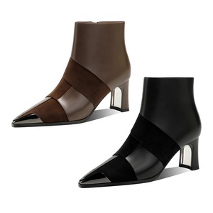Bottines Western Formelles Personnalisées pour <span class=keywords><strong>Femme</strong></span> Moncheer, à Bout Pointu, Fermeture Éclair, en <span class=keywords><strong>Cuir</strong></span> et Daim, Talon Carré, Embout Métallique - Product Image 1