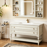 Meubles-lavabos de salle de bain classiques en bois blanc cassé avec miroir encadré et vasque intégrée pour projets hôteliers, usine OEM ODM
