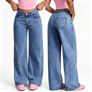 Jeans en denim pour <span class=keywords><strong>femme</strong></span>, style tendance, <span class=keywords><strong>taille</strong></span> haute, <span class=keywords><strong>grande</strong></span> <span class=keywords><strong>taille</strong></span>, coupe droite, ample, décontracté, jambe large, long - Product Image 1