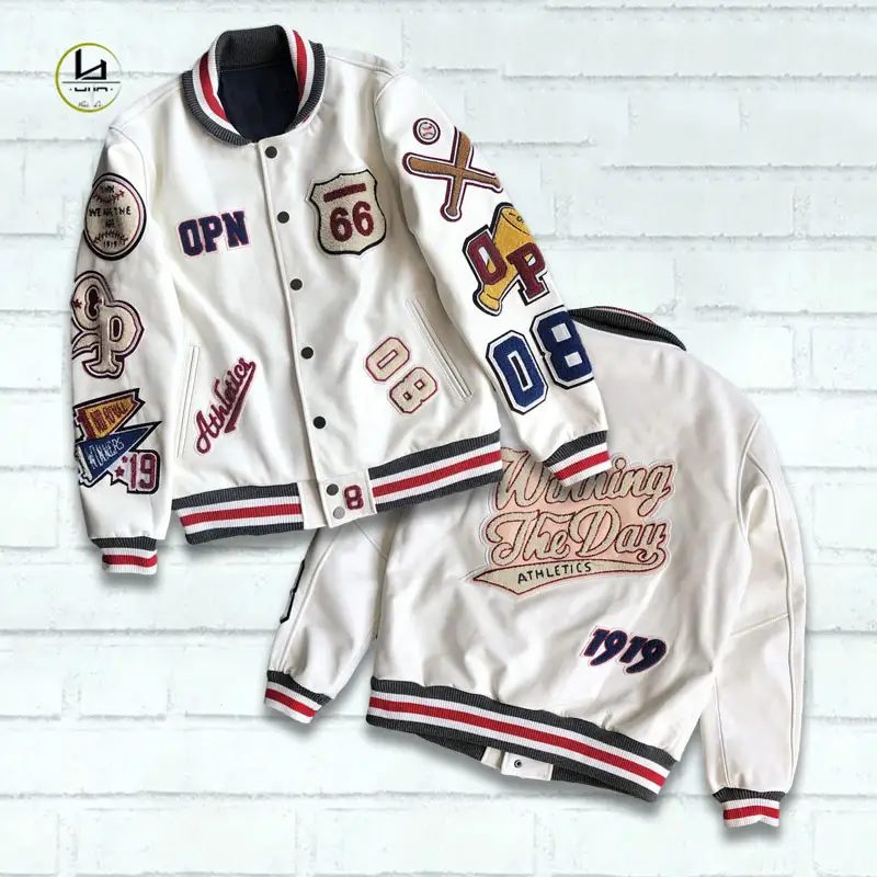 Huili Factory Wholesale White Leather Varsity Jackets Men Chenille Embroidery Logo Custom Windbreaker Baseball College Jacket
