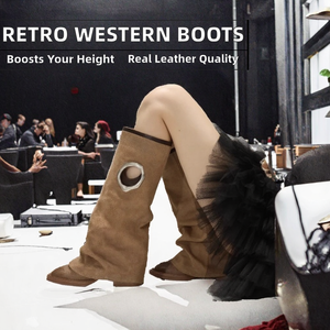 Bottines Chelsea rétro pour femmes en cuir véritable à bout carré, talon haut, semelle extérieure en caoutchouc, couleur unie, rehaussantes - Product Image 4