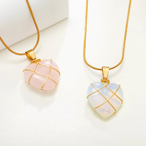 Nuovo gioiello di pietra preziosa di moda pietra naturale <span class=keywords><strong>rosa</strong></span> quarzo opale cristallo avvolgimento cuore <span class=keywords><strong>collana</strong></span> pendente per le donne - Product Image 6