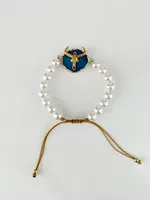 Bracelets Rétro Tendance Tête de Taureau Exagérée en Tissu avec Perles et Zircons Plaqué Or 14K pour Hommes et Femmes