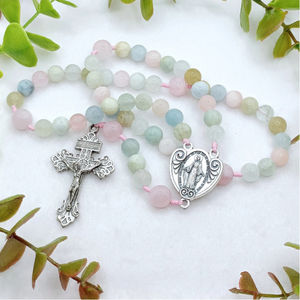 宗教的な母メアリー聖母奇跡的なメダルロザリオモルガナイトビーズカトリック結び目ロザリオと十字架 - Product Image 2