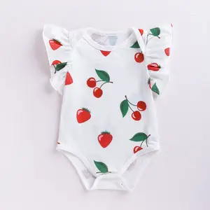 Infant Onesie Summer Cotton Short Sleeve Baby Girl Romper Printed Strawberry Cherry Flying Bodysuit Baby