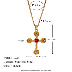 Vintage Color Crystal Cross Retro Rose Stainless Steel Jewelry Set 18K Gold Plated Matching <b>Necklace</b> Earrings <b>Ring</b> For Women - Product Image 2