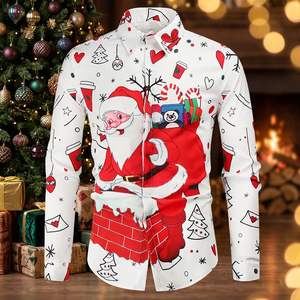 Camisa Casual de Manga Larga para Hombre con Estampado Navideño de Santa Claus, Cuello Camisero, Diseño de Dibujos Animados, Estilo Invernal - Product Image 4