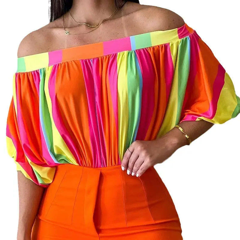 Lady Sexy Off Shoulder Bat Sleeve Print Shirt Women Casual Loose Pleated 2023 Office Elegant Top Blouse